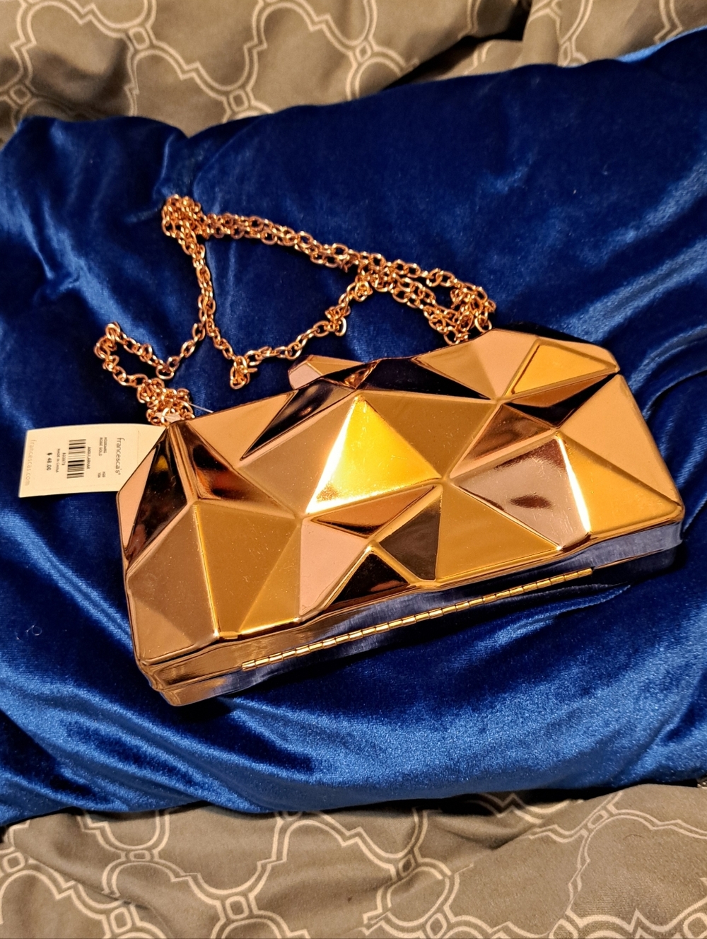Metallic Geometric Hard-Case Clutch/Shoulder Bag in Rose Gold